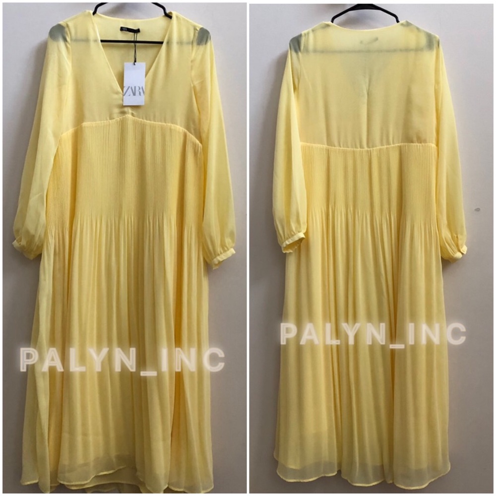 Zara Pleated Midi Midaxi Maxi Butter Yellow Summer Spring Dress - Picture 2 of 6